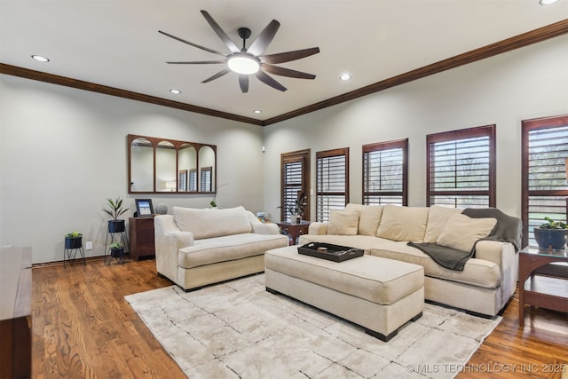 626 Countrywood Way, Sapulpa, OK 74066 - living area featuring a ceiling fan, wood finished floors, recessed lighting, and crown molding