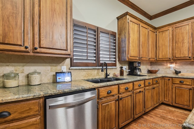 626 Countrywood Way, Sapulpa, OK 74066 - kitchen featuring stainless steel dishwasher, brown cabinetry, ornamental molding, and decorative backsplash