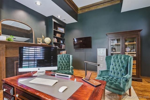 626 Countrywood Way, Sapulpa, OK 74066 - office space featuring crown molding, wood finished floors, recessed lighting, and built in shelves