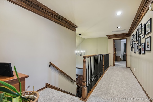 626 Countrywood Way, Sapulpa, OK 74066 - hall featuring an upstairs landing, carpet flooring, recessed lighting, and a chandelier