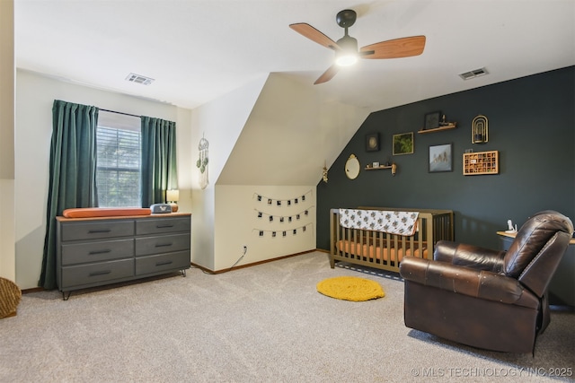 626 Countrywood Way, Sapulpa, OK 74066 - carpeted bedroom with a nursery area, ceiling fan, and vaulted ceiling