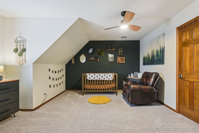 626 Countrywood Way, Sapulpa, OK 74066 - bedroom with carpet floors, lofted ceiling, a ceiling fan, and a nursery area