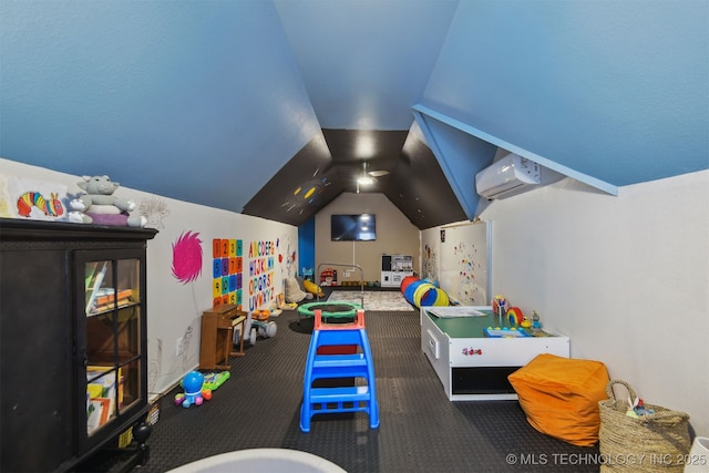626 Countrywood Way, Sapulpa, OK 74066 - game room with a wall mounted air conditioner, vaulted ceiling, and carpet