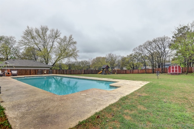 626 Countrywood Way, Sapulpa, OK 74066 - view of pool with a storage shed, a playground, a fenced backyard, and a patio