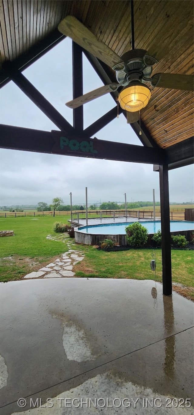view of patio / terrace featuring a ceiling fan, a fenced in pool, and fence
