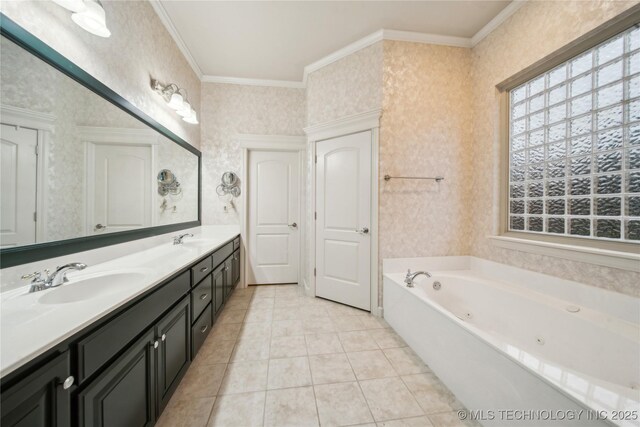 6673 E 60th Pl, Tulsa, OK 74145 - full bath featuring wallpapered walls, healthy amount of natural light, double vanity, a whirlpool tub, and crown molding