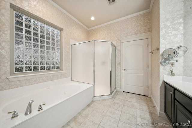 6673 E 60th Pl, Tulsa, OK 74145 - full bath featuring a stall shower, crown molding, a jetted tub, vanity, and tile patterned flooring