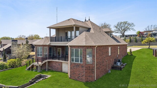 6673 E 60th Pl, Tulsa, OK 74145 - back of house featuring a balcony, brick siding, stairway, roof with shingles, and board and batten siding