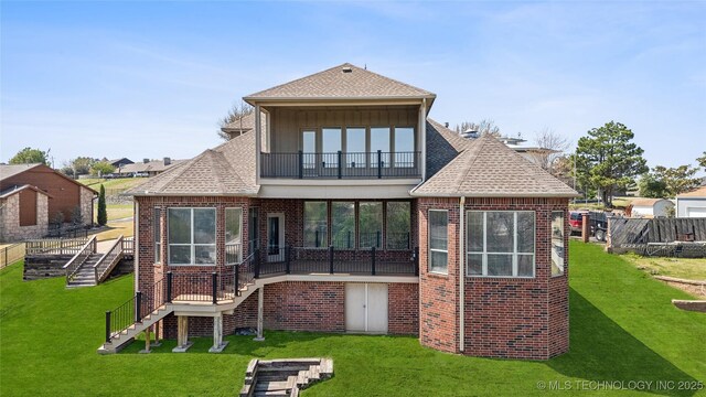 6673 E 60th Pl, Tulsa, OK 74145 - back of property featuring stairs, a balcony, brick siding, and a shingled roof
