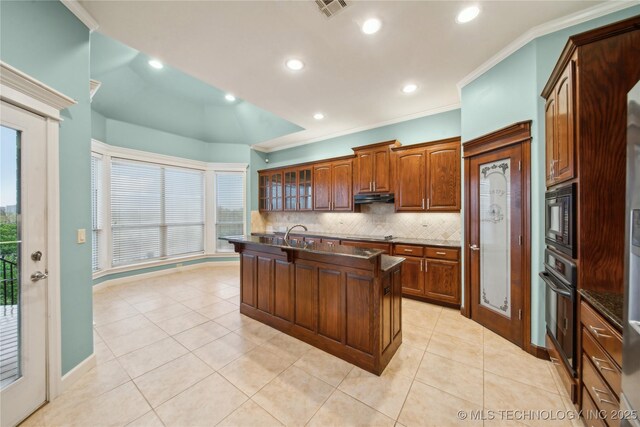6673 E 60th Pl, Tulsa, OK 74145 - kitchen with under cabinet range hood, black appliances, decorative backsplash, ornamental molding, and glass insert cabinets