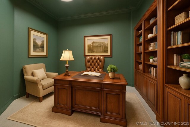 6673 E 60th Pl, Tulsa, OK 74145 - home office with ornamental molding, light colored carpet, and baseboards