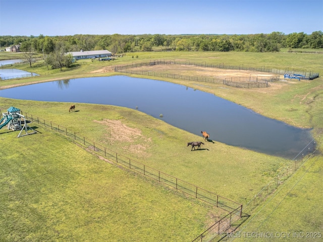 bird's eye view featuring a rural view and a water view