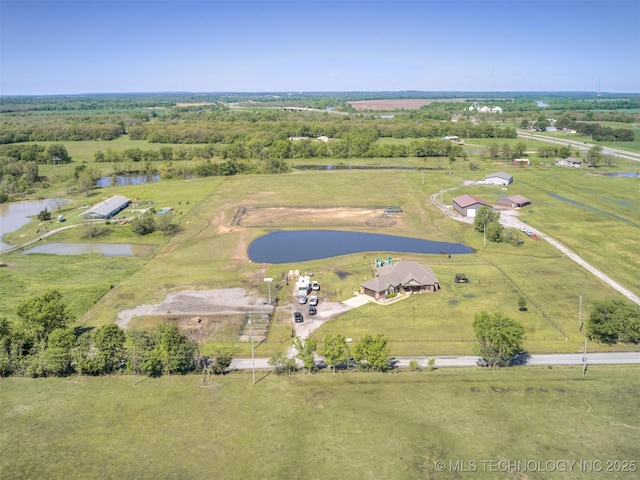 aerial view featuring a rural view and a water view