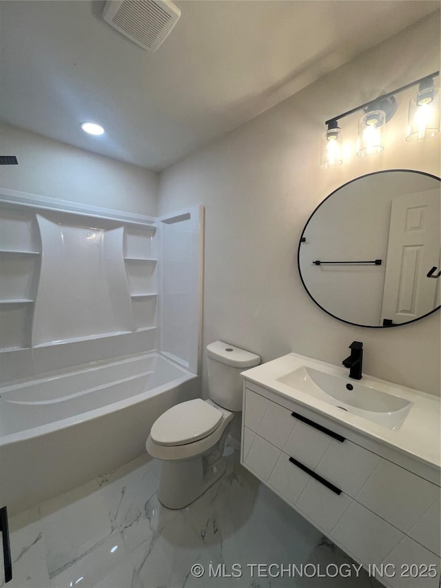 4232 N Hartford Ave, Tulsa, OK 74106 - bathroom with bathtub / shower combination, vanity, visible vents, toilet, and marble finish floor