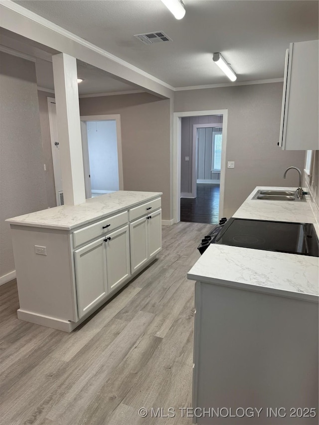 218 SW B, Ardmore, OK 73401 - kitchen featuring a sink, black / electric stove, light wood-style flooring, light stone countertops, and baseboards