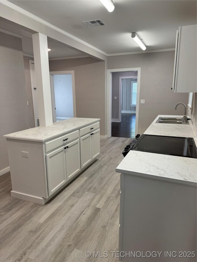 218 SW B, Ardmore, OK 73401 - kitchen featuring a sink, black / electric stove, light wood-style flooring, light stone countertops, and baseboards