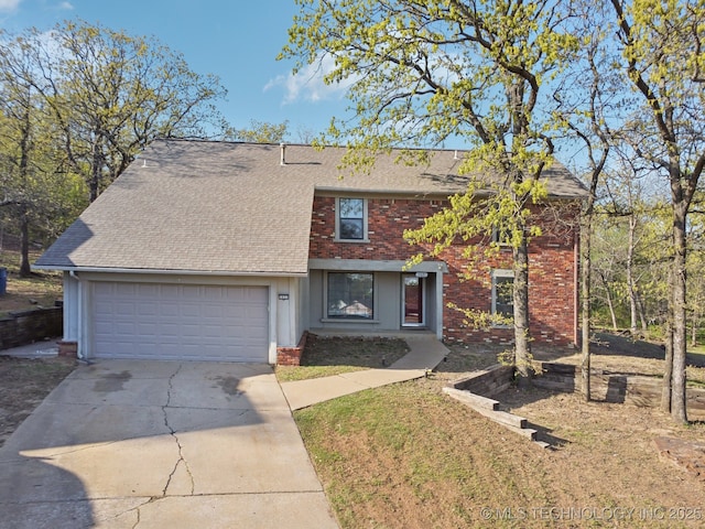 traditional home with a garage, roof with shingles, brick siding, and concrete driveway