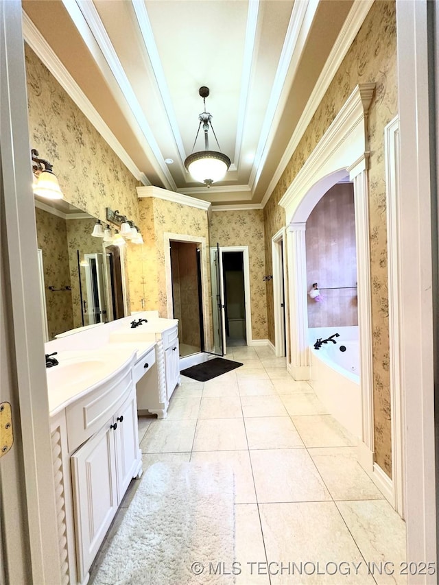 10213 S 88th E Ave, Tulsa, OK 74133 - full bath with wallpapered walls, ornamental molding, vanity, a garden tub, and tile patterned floors