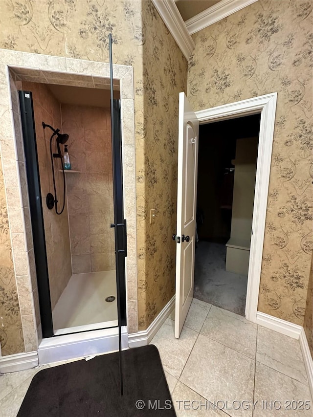 10213 S 88th E Ave, Tulsa, OK 74133 - full bathroom featuring a stall shower, ornamental molding, and tile patterned flooring