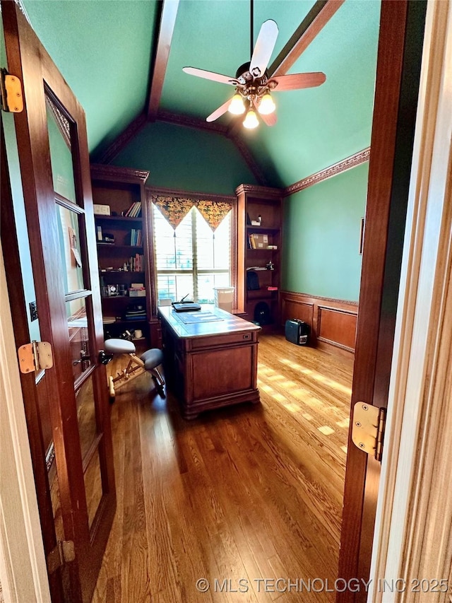 10213 S 88th E Ave, Tulsa, OK 74133 - office featuring wainscoting, a ceiling fan, dark wood-type flooring, and lofted ceiling