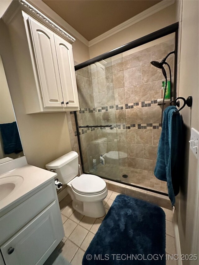 10213 S 88th E Ave, Tulsa, OK 74133 - bathroom with crown molding, a shower stall, vanity, and tile patterned flooring