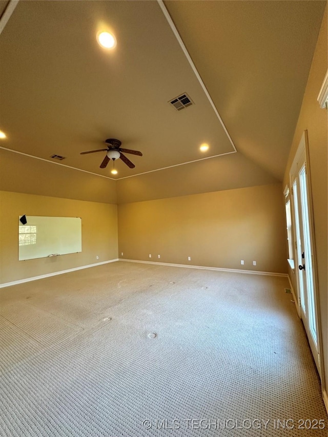 10213 S 88th E Ave, Tulsa, OK 74133 - spare room featuring carpet, ceiling fan, lofted ceiling, and recessed lighting
