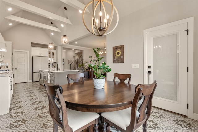 dining area with recessed lighting, an inviting chandelier, stairway, beam ceiling, and light floors