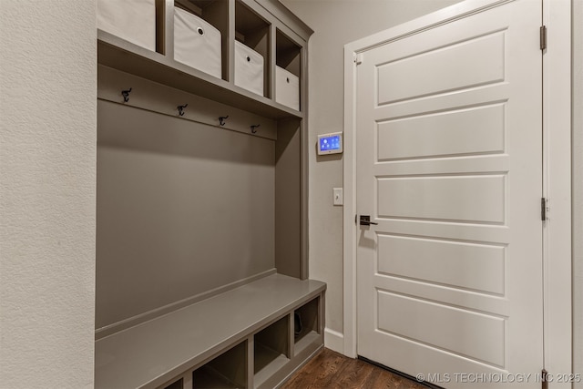 mudroom featuring dark wood-type flooring