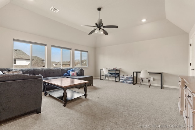 living area featuring light carpet, ceiling fan, baseboards, visible vents, and lofted ceiling