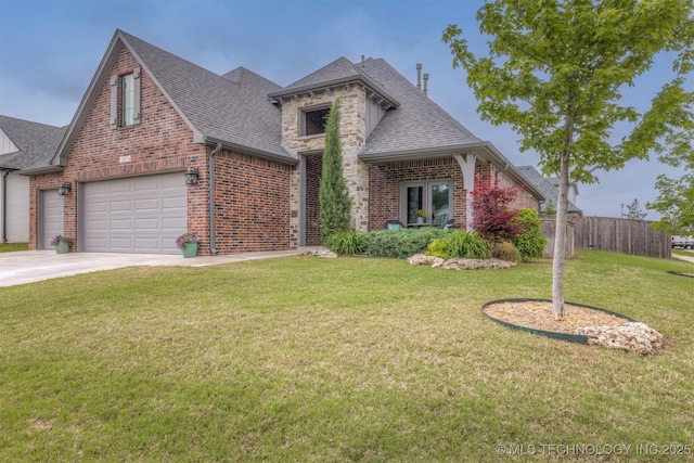 view of front facade featuring fence, roof with shingles, concrete driveway, and brick siding