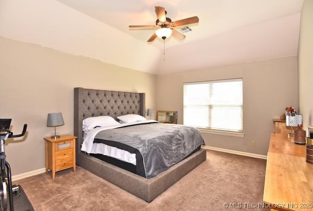 carpeted bedroom with visible vents, baseboards, a ceiling fan, and lofted ceiling