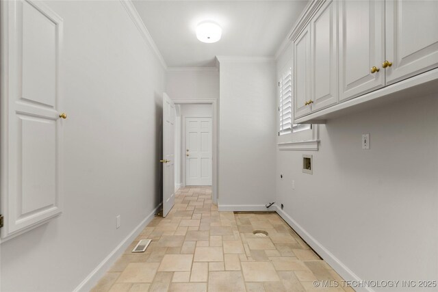 5815 S Knoxville Ave, Tulsa, OK 74135 - washroom featuring visible vents, baseboards, crown molding, cabinet space, and hookup for a washing machine