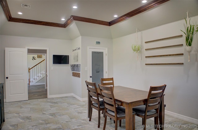 dining room featuring ornamental molding, visible vents, stairway, and baseboards