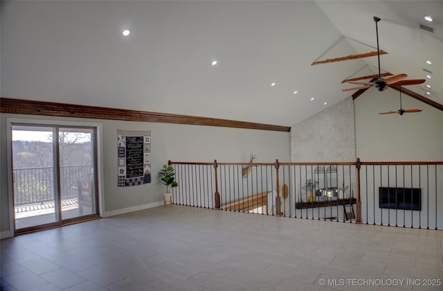 unfurnished room with recessed lighting, high vaulted ceiling, a ceiling fan, visible vents, and baseboards
