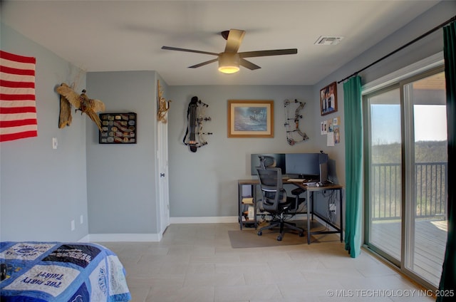 bedroom with access to exterior, visible vents, a ceiling fan, and baseboards