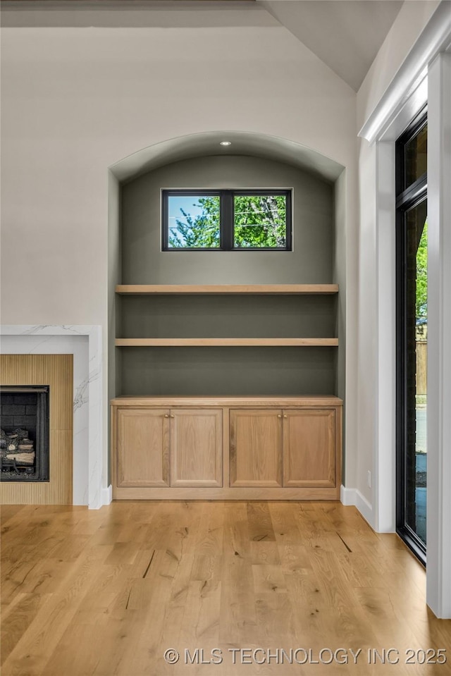 unfurnished living room featuring a fireplace, light wood-style floors, a healthy amount of sunlight, and built in shelves