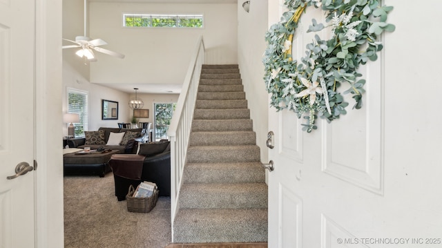 stairs featuring plenty of natural light, carpet, a high ceiling, and ceiling fan