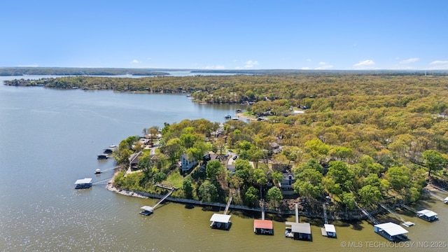 drone / aerial view with a forest view and a water view
