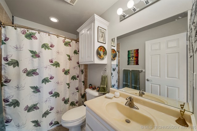 2003 Estates, Grove, OK 74344 - bathroom with a shower with shower curtain, vanity, visible vents, and toilet