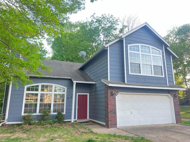 split level home featuring concrete driveway, brick siding, roof with shingles, and a garage