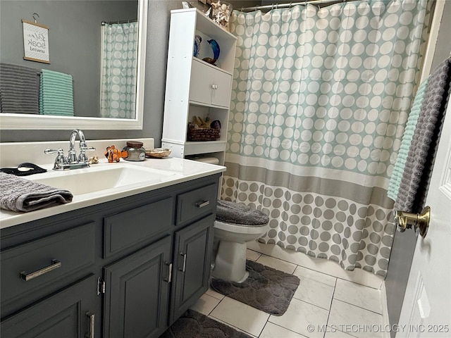 full bath featuring toilet, tile patterned flooring, a shower with curtain, and vanity