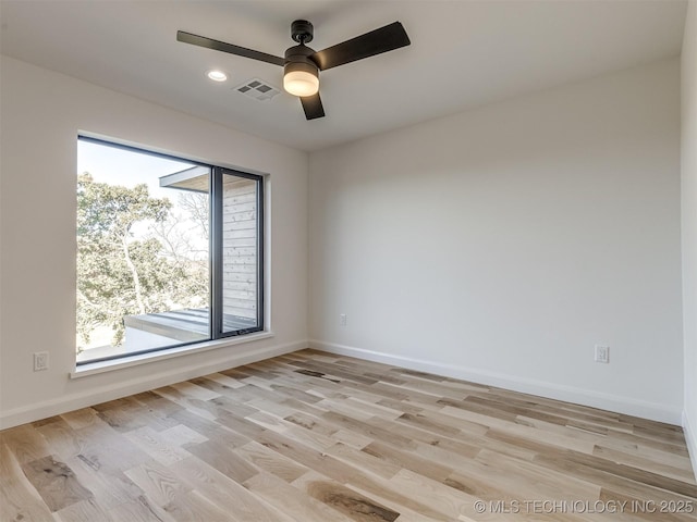 12415 Lakeview Rd, Sperry, OK 74073 - unfurnished room featuring ceiling fan, light wood-style flooring, visible vents, recessed lighting, and baseboards