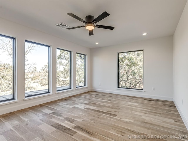 12415 Lakeview Rd, Sperry, OK 74073 - spare room featuring visible vents, ceiling fan, light wood finished floors, and recessed lighting