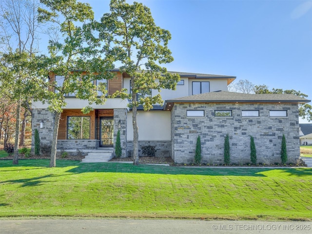 12415 Lakeview Rd, Sperry, OK 74073 - view of front of home with stucco siding, stone siding, and a front lawn