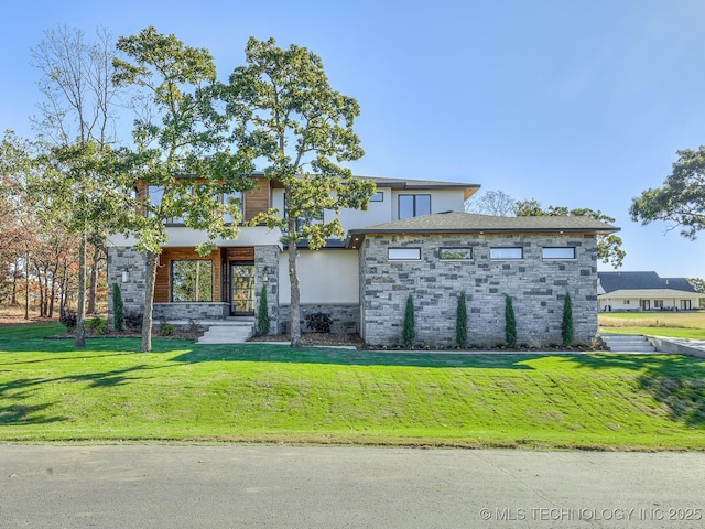 12415 Lakeview Rd, Sperry, OK 74073 - view of front of house featuring a front yard, stucco siding, and stone siding