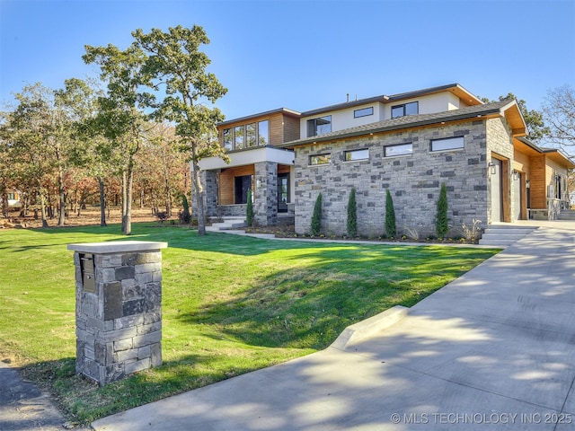 12415 Lakeview Rd, Sperry, OK 74073 - contemporary home with a garage, a front yard, driveway, and stone siding