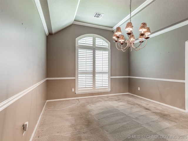 carpeted empty room with visible vents, baseboards, a notable chandelier, ornamental molding, and vaulted ceiling