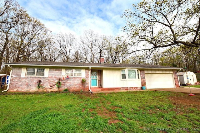 ranch-style house with driveway, a chimney, a front lawn, and a garage