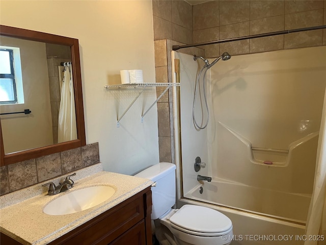 216 N Bk 1600 Rd, Stigler, OK 74462 - full bath with backsplash, toilet, shower / bathtub combination with curtain, and vanity