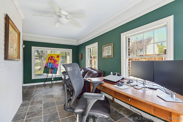 home office featuring crown molding, a wealth of natural light, and ceiling fan